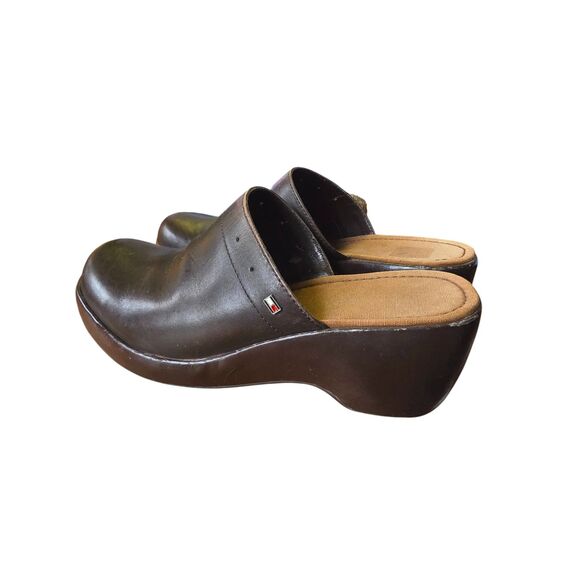VTG Tommy Hilfiger Brown Leather Platform Slip On Clogs Mules Chunky Heel Y2K 90 - Picture 2 of 8
